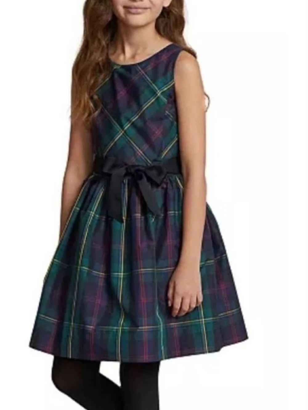 Polo by Ralph Lauren Green and Black Plaid Fit-and-Flare Dress with Bow